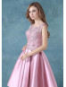 Scoop Neck Pink Lace Satin Knee Length Prom Dress